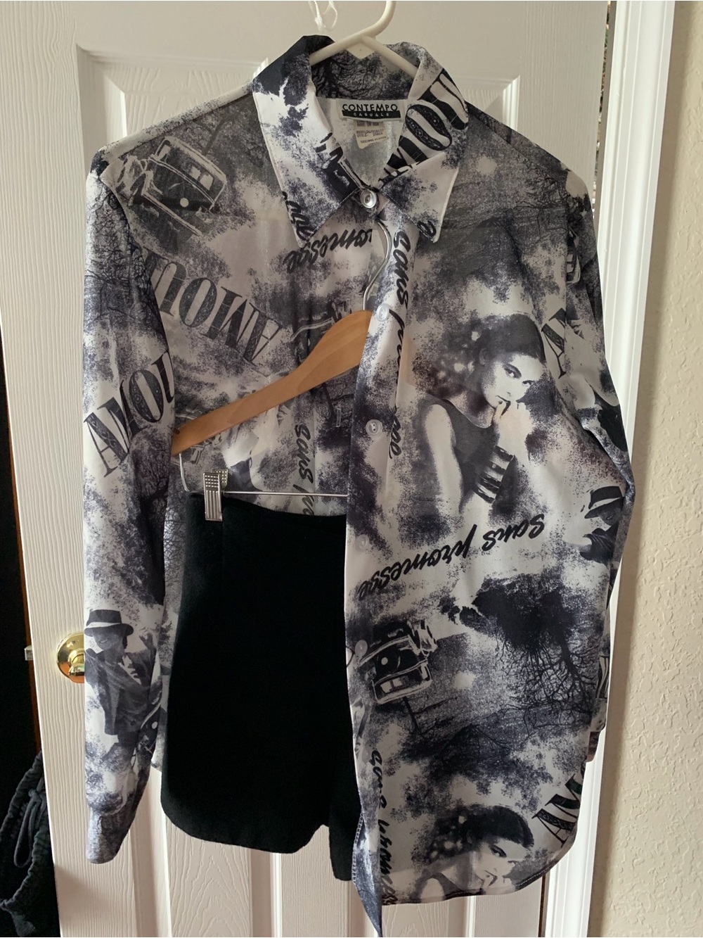 Contempo Artsy Black & White Button-Up Shirt with black shorts outfit